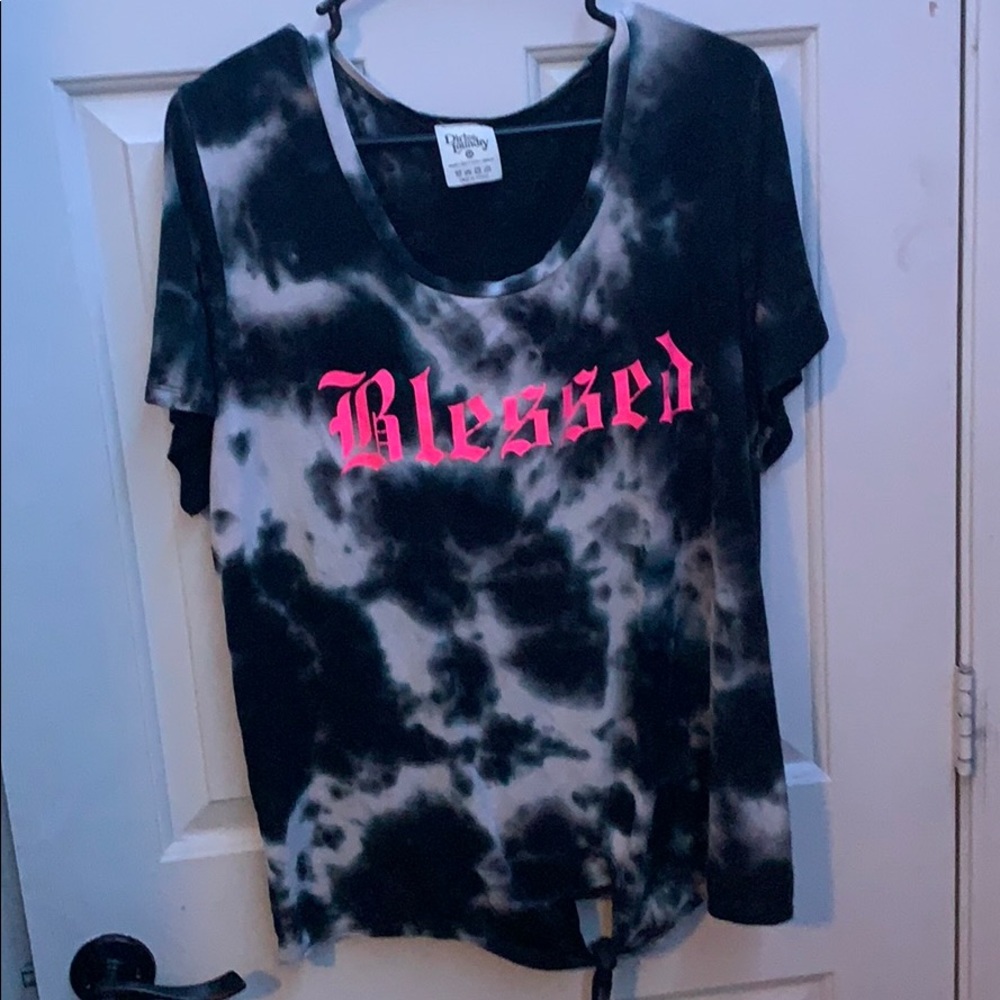 Tie die flow shirt with pink blessed writing on it